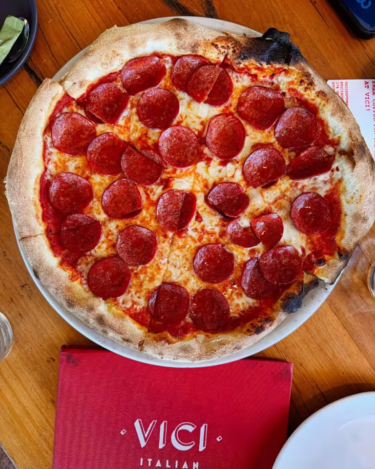 Wood fired pizza at Vici Italian, dining South Bank Brisbane