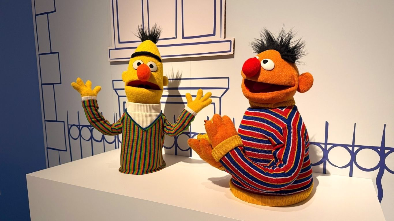 Bert and Ernie puppets from Sesame Street on display at the Jim Henson exhibition, GOMA