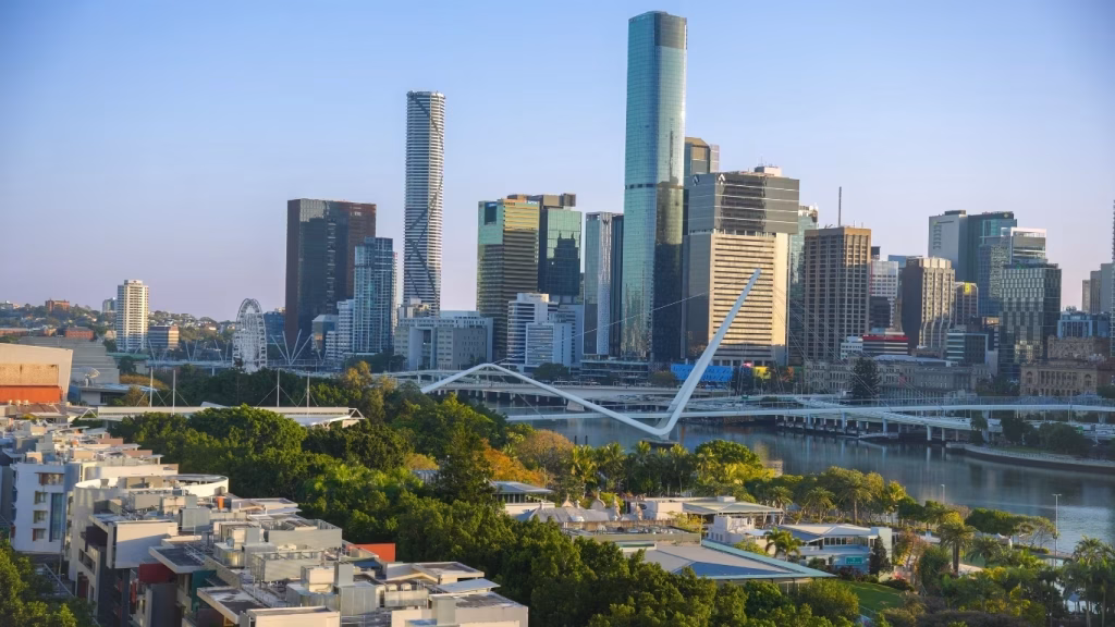 Morning view of South Bank parklands, the Brisbane River and skyline from the Emporium Hotel South Bank rooftop