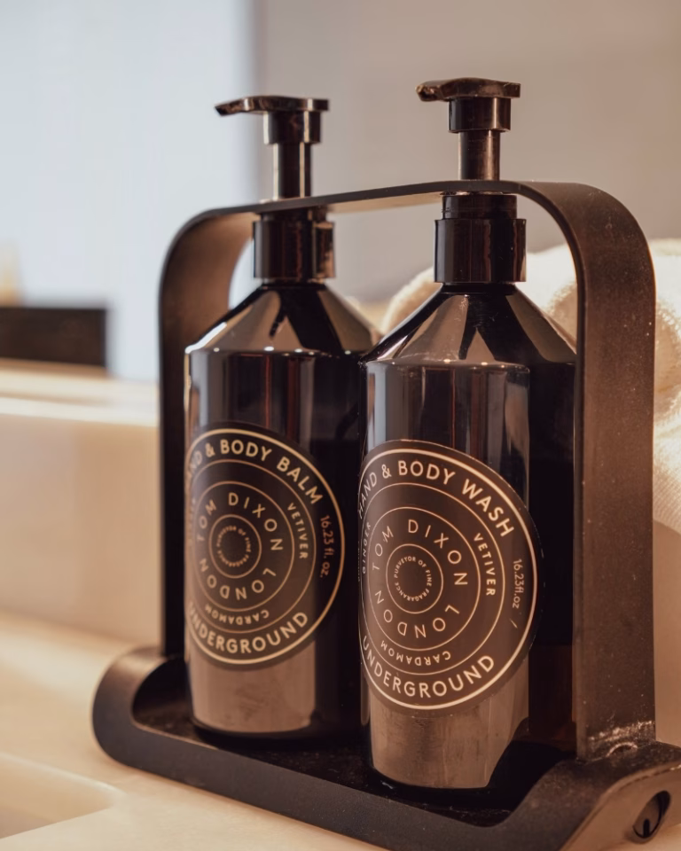 Tom Dixon body wash and balm in the Emporium Hotel South Bank River King Suite bathroom