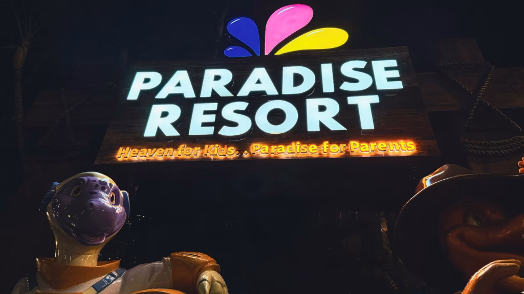 Paradise Resort Gold Coast signage outside the property reading "Heaven for Kids... Paradise for Parents"