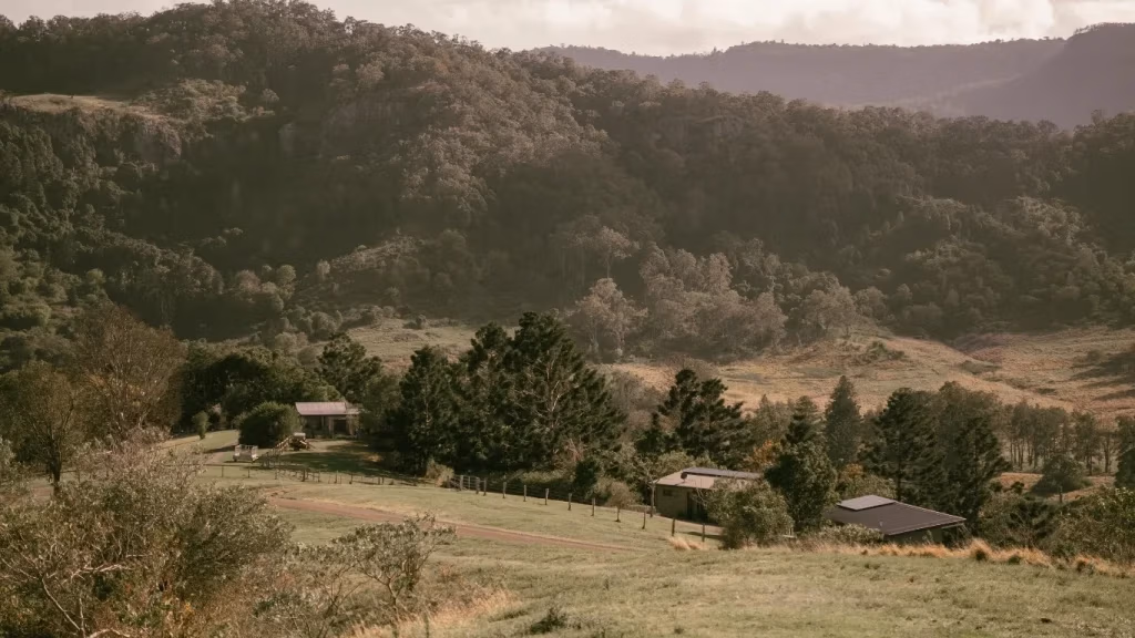 Worendo Cottages farm stay with the mountains of Lamington National Park behind